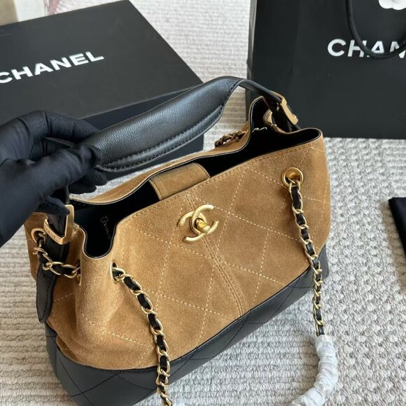 CHANEL Tan Suede and Black Leather Shoulder Bag with Gold Hardware - Picture 6 of 9